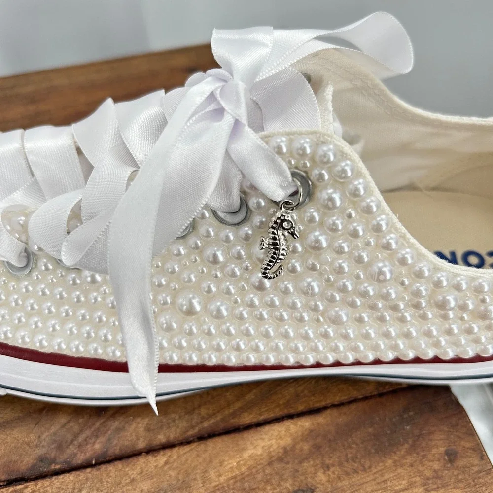 Converse All Star Pearl Embellished Low  Sneakers Ivory Bridal‎ Shoes Womens 8.5